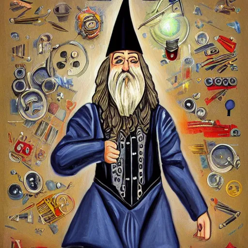 Prompt: An illustrative painting of A wizard of machines