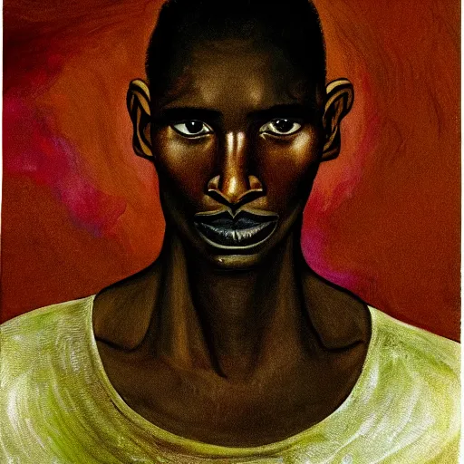 Image similar to a painting of a elegant, well fed, smooth-chinned, long nose, African, elder with few eyebrows by Wangechi Mutu . thinker without facial hair, thoughtful, focused, visionary, calm, jovial, loving, fatherly, generous, . dramatic angle, ethereal lights, details, smooth, sharp focus, illustration, realistic, cinematic, artstation, award winning, rgb , unreal engine, octane render, cinematic light, macro, depth of field, blur, red light and clouds from the back, highly detailed epic cinematic concept art CG render made in Maya, Blender and Photoshop, octane render, excellent composition, dynamic dramatic cinematic lighting, aesthetic, very inspirational, arthouse.