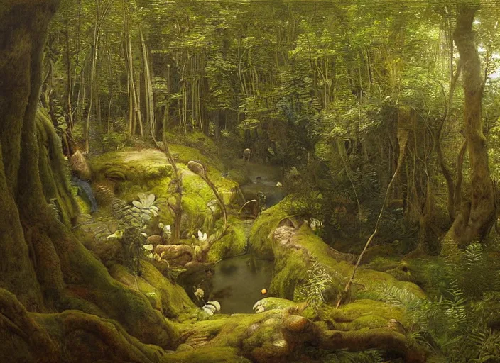 Image similar to enchanged forest. looking down into hole. waterfall to a tranquil pond and with a sandy beach. edgar maxence and caravaggio and michael whelan and delacroix style, artistic, intricate painting, cinematic lighting, hyper realistic, extremely detailed, vivid colors, establishing shot, dramatic lighting. rocky sides ( lush patches of moss and ferns ). rough stone stairway