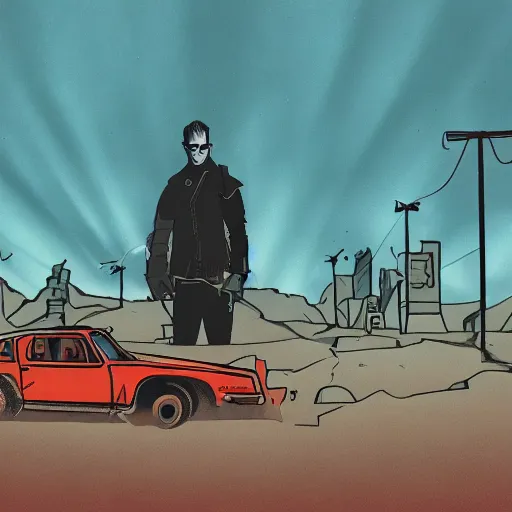 Prompt: a colorful comic noir illustration of a mad max scene in a post-apocalyptic city decaying in the desert by Queens of the Stone Age, dark vibes, pastel lighting, cinematic, depth of field, 8k, high contrast