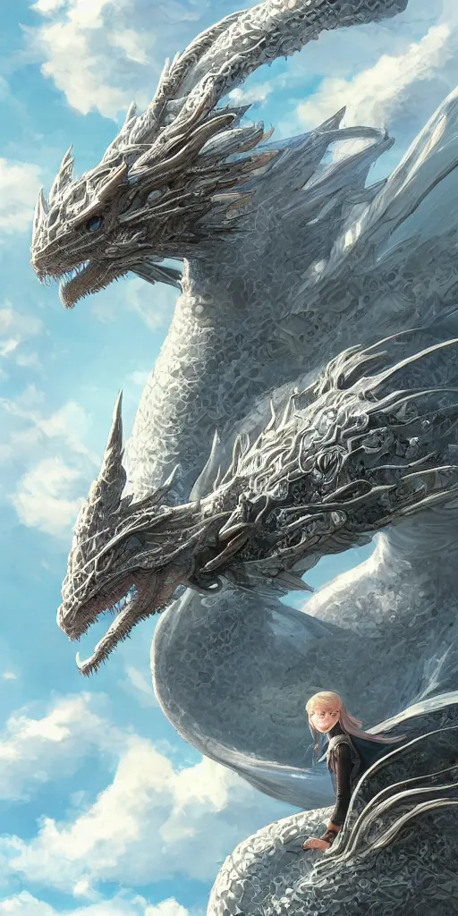 Image similar to the beautiful hyper detailed portrait render that a beautiful princess sitting on the back of a huge silver white dragon alone in fairyland surrounded by white clouds, finely detailed angelic face delicate features, style of studio ghibli, makoto shinkai, raphael lacoste, artgerm, james jean, ross tran, animation style, hd, ultra wide angle