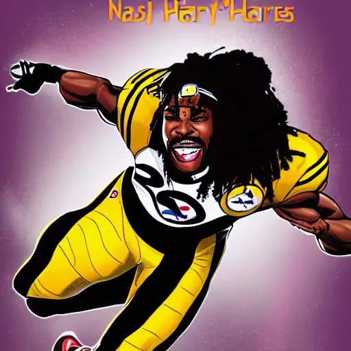 Image similar to detailed najee harris jumping over defender, steelers uniform, in the style of a marvel comic book, realistic, trending on artstation