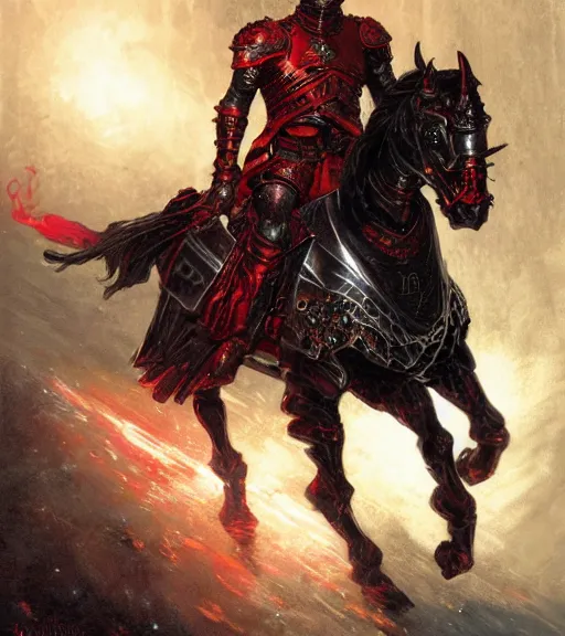 Image similar to a knight wearing black and red armor on horseback, glowing red eyes, intricate, highly detailed, artstation, concept art, perfect composition, dynamic lighting, illustration, volumetric lighting, illustration, sharp focus, art by ralph horsley, greg rutkowski, alphonse mucha