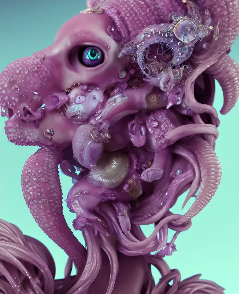 Prompt: goddess princess beautiful face close-up portrait ram skull plasticine sculpture. jellyfish phoenix head, nautilus, orchid, skull, betta fish, bioluminiscent creatures, intricate artwork by Tooth Wu and wlop and beeple. octane render, trending on artstation, greg rutkowski very coherent symmetrical artwork. cinematic, hyper realism, high detail, octane render, 8k