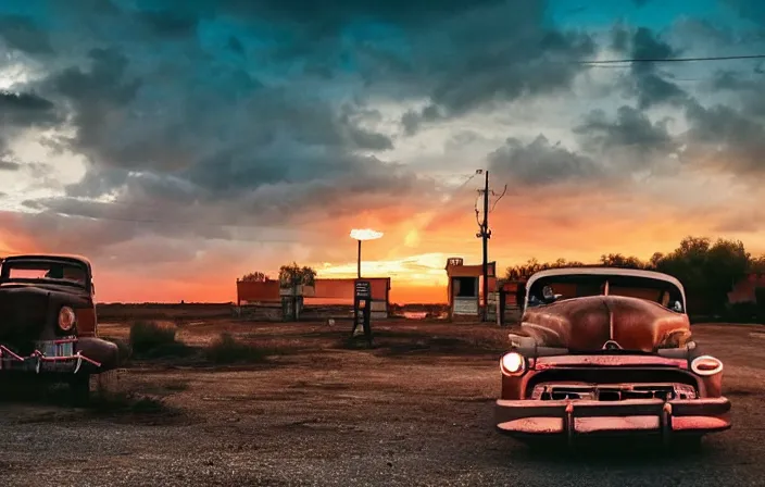 Image similar to a sunset light landscape with historical route 6 6, lots of sparkling details and sun ray ’ s, blinding backlight, smoke, volumetric lighting, colorful, octane, 3 5 mm, abandoned gas station, old rusty pickup - truck, beautiful epic colored reflections, very colorful heavenly, softlight