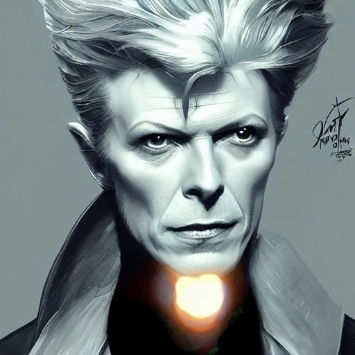 Image similar to portrait of David Bowie, fantasy, intricate, elegant, highly detailed, digital painting, artstation, concept art, smooth, sharp focus, illustration, art by artgerm and greg rutkowski and alphonse mucha