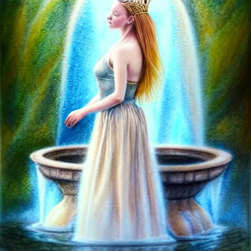 Image similar to hyper realistic pencil drawing of a fantasy princess standing by a fountain, transparent water color, full portrait, detailed, rim light, diffused, intricate, by anna dittmann