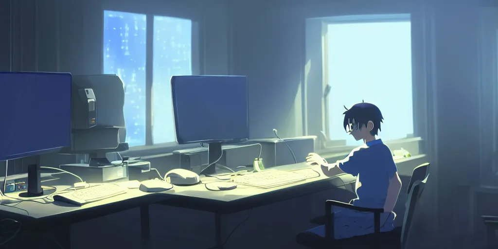 Image similar to a nerdy boy is programming at a computer in a room full of gadgets, by makoto shinkai and ghibli studio, dramatic lighting, highly detailed, incredible quality, trending on artstation