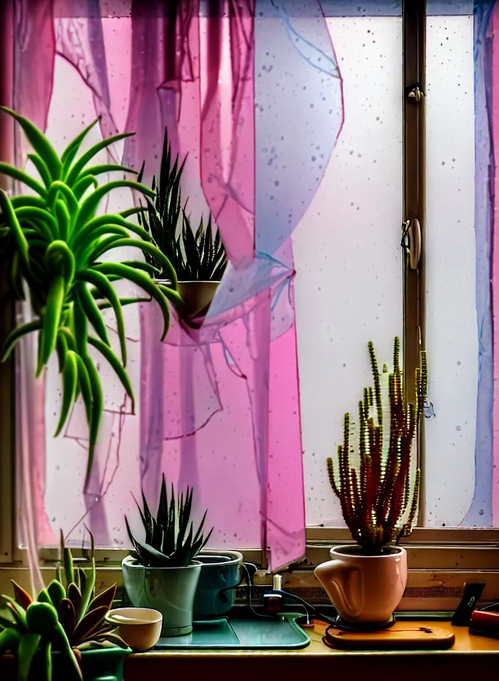 Prompt: telephoto 7 0 mm f / 2. 8 iso 2 0 0 photograph depicting the feeling of chrysalism in a cosy cluttered french sci - fi ( art nouveau ) cyberpunk apartment in a pastel dreamstate art style. ( computer screens, window ( rain ), sink, potted succulents, lamp ( ( ( fish tank ) ) ) ), ambient light.
