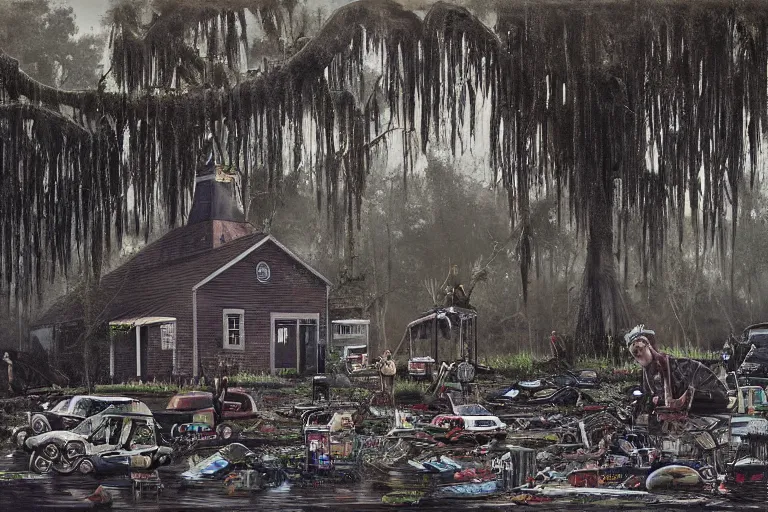 Image similar to scene from louisiana swamps, portrait, voodoo cult, old protestant church with neon satanic pentagram, junkyard by the road, boy scout troop, voodoo artwork by tim eitel