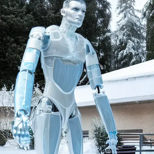 Image similar to made of ice, a realistic detailed photo of a guy who is an attractive humanoid who is half robot and half humanoid, who is a male android, on display, blank stare, showing off his muscles, shiny skin, posing like a statue, by the pool, frozen ice statue, f 1 driver max verstappen, humanoid robot