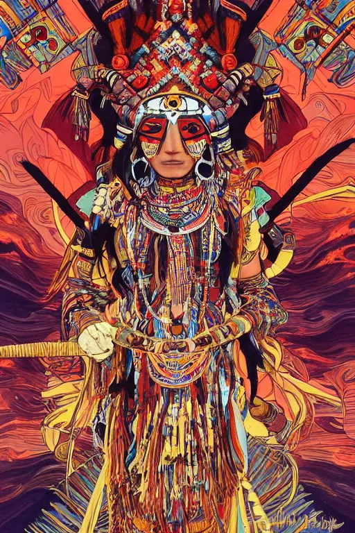 Image similar to serene scene of an apache kachina dancing around a fire while the apache tribe observes, by artgerm and yoshitaka amano and moebius and alphonse mucha, hyperdetailed, dc comics, ornate, nebula, explosions in the sky, trending on artstation