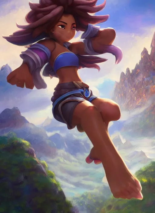 Image similar to joyful taliyah, from league of legends, au naturel, with abs, rock climbing, hyper detailed, mountain background, digital art, trending in artstation, cinematic lighting, studio quality, smooth render, unreal engine 5 rendered, octane rendered, art style by klimt and nixeu and ian sprigger and wlop and krenz cushart