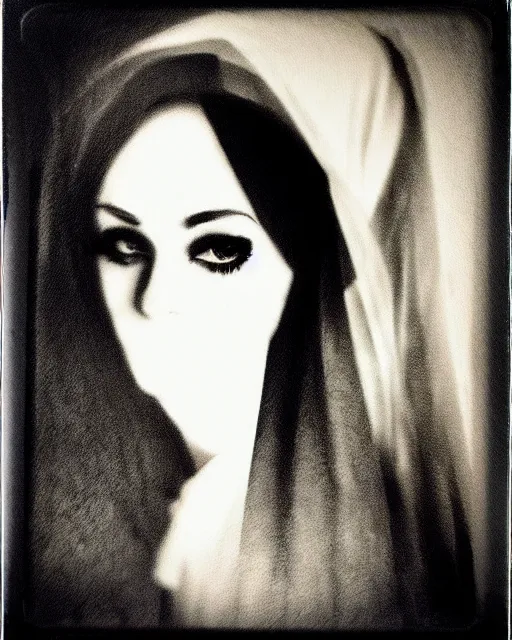 Prompt: photorealism, polaroid, black and white, woman's silhouette, black veil, impressionism