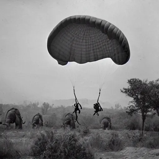 Image similar to photo of elephant paratroopers parachuting behind enemy lines