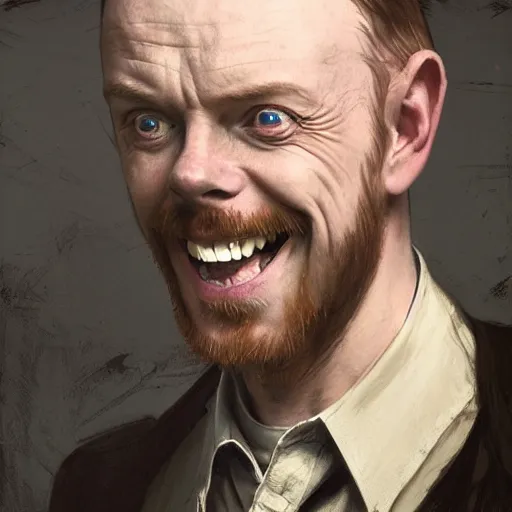 Image similar to portrait painting of simon pegg smiling like a winner with a winchester, ultra realistic, concept art, intricate details, eerie, highly detailed, photorealistic, octane render, 8 k, unreal engine. art by artgerm and greg rutkowski and alphonse mucha