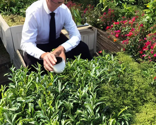 Image similar to mr robert is drinking fresh tea in a garden