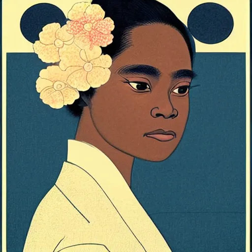 Prompt: “ letitia wright portrait by ikenaga yasunari and ayana otake and ko rakusui, 6 0 s poster, drawing, realistic, sharp focus, japanese, dreamy, nostalgia, faded, golden hues, floral clothes, porcelain skin ”