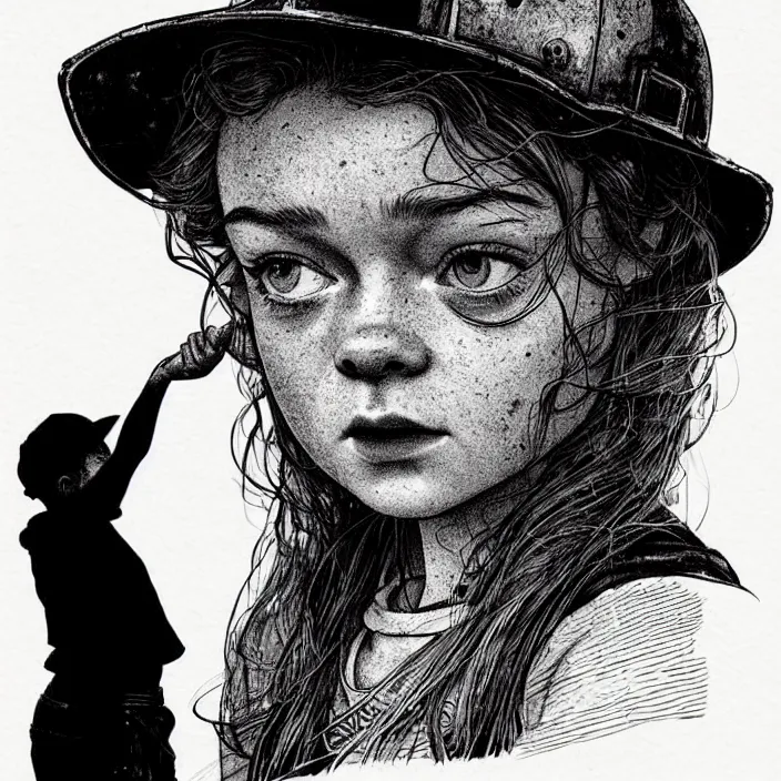 Prompt: extreme close - up on sadie sink as a miner : she lifts a slice of bread with her hand, looks at it. background : black tiles!! on walls. black and white, pencil and ink. by gabriel hardman, joe alves, chris bonura. cinematic atmosphere, detailed and intricate, perfect anatomy