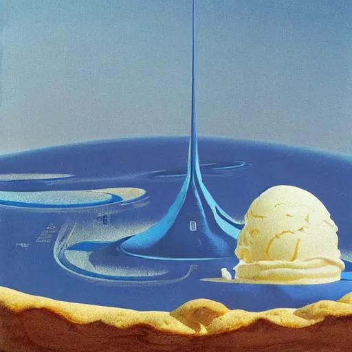 Prompt: a scoop of vanilla ice cream, on a slice of pie. melting, dripping down the side, blue background, chesley bonestell, vincent di fate