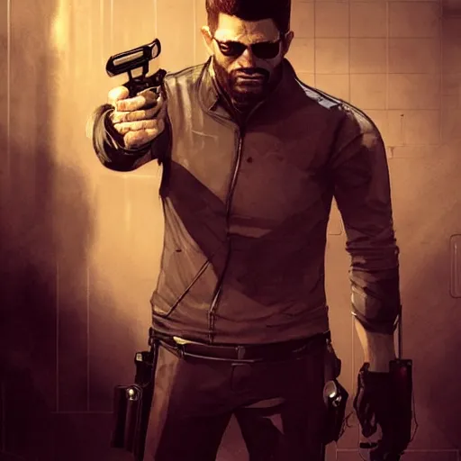 Image similar to bald Max Payne as Adam Jensen in Deus Ex, by Cedric Peyravernay, highly detailed, excellent composition, cinematic concept art, dramatic lighting, trending on ArtStation