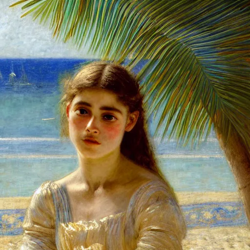 Image similar to a ultradetailed beautiful painting of a girl in the amazonas palace designed by jules bastien - lepage, hans belmer, frank weston and gustave baumann, beach, trending on artstation, mediterranean, palm trees, light sparkles, sharp focus, soft light, 8 k 4 k