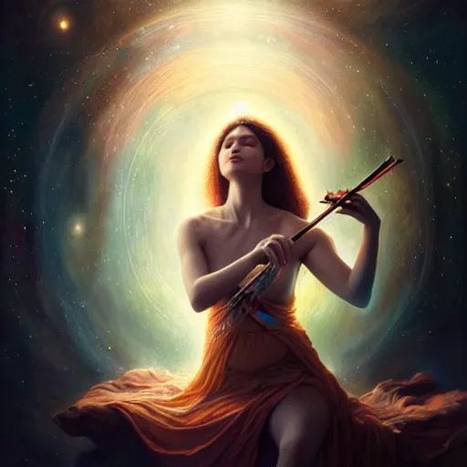 Image similar to a high quality life like portrait of a very very beautiful! celestial goddess of life playing a mystical violin and springing life into the universe, highly detailed, cinematic lighting, intricate, sharp focus, fantasy, mystical, dreamlike, exotic, realistic, by WLOP and greg rutkowski, trending on artstation