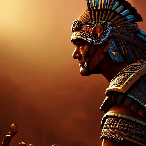 Prompt: a big aztec warrior, fantasy character portrait, ultra realistic, concept art, intricate detailed, volumetric light, cinematic lighting, 8 k uhd artwork, featured on artstation