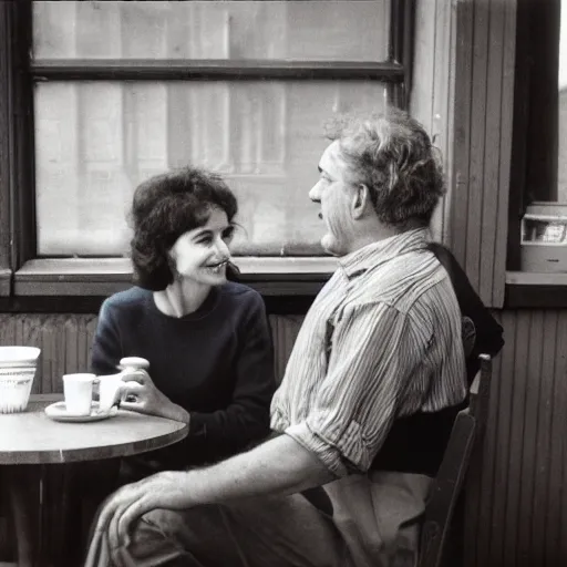 Prompt: kodachrome photo of a man and his wife talking about cats at a budy coffe shop