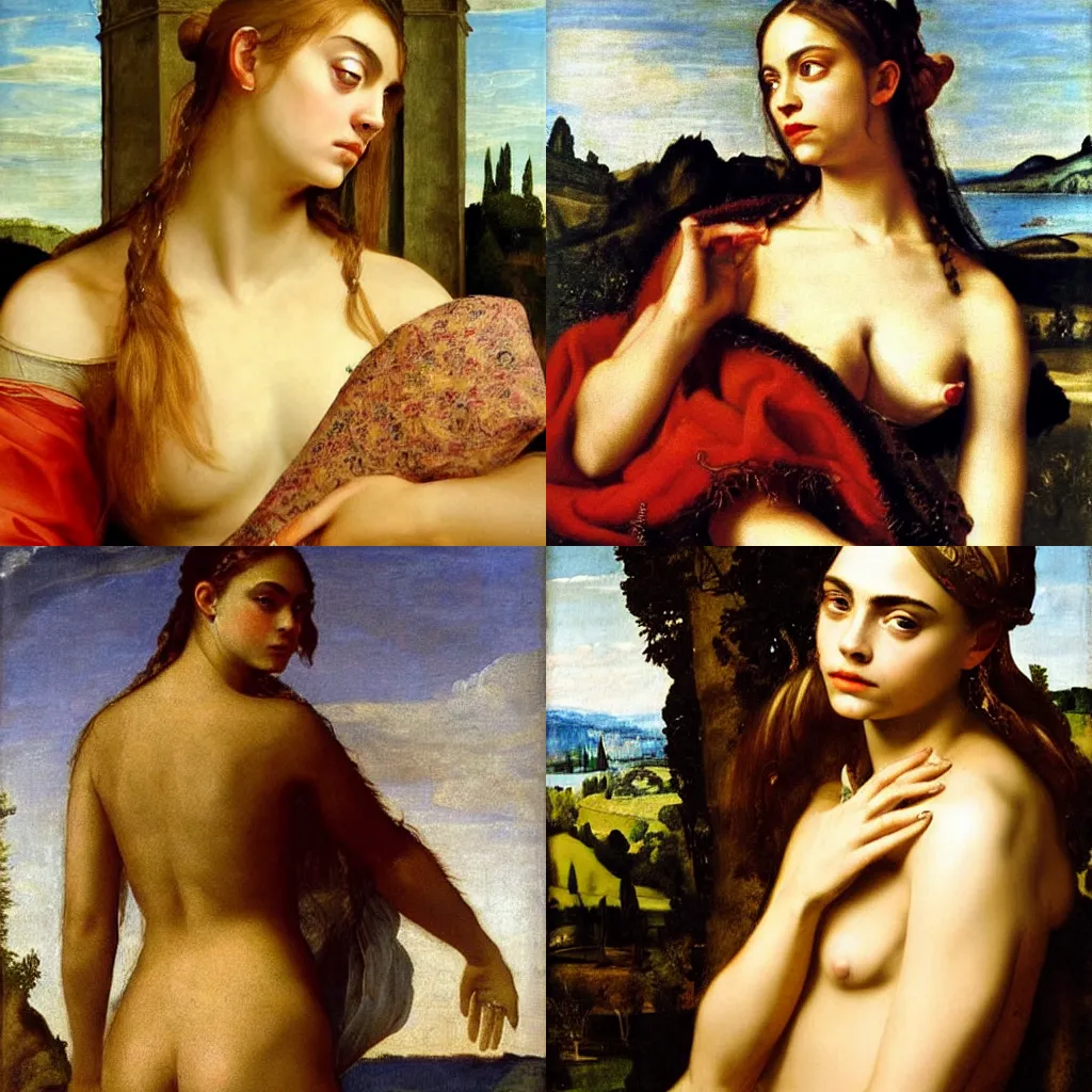 Prompt: Cara Delevigne in the painting Titian, Venus of Urbino, 1532 4k hyperrealistic fine painting smooth very very beautiful