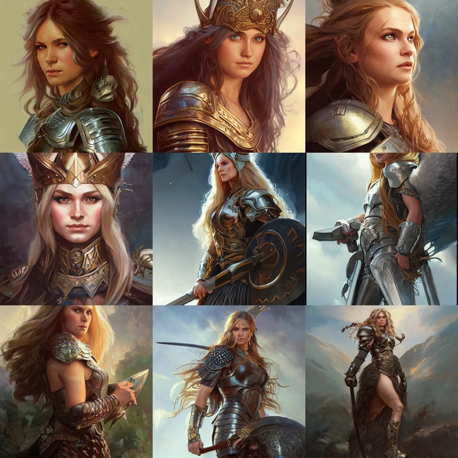 Image similar to long-haired valkyrie, armored, fantasy, D&D, portrait, highly detailed, digital painting, artstation, concept art, sharp focus, illustration, art by artgerm and greg rutkowski and alphonse mucha