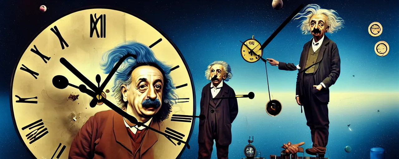 Image similar to duotone surreal illustration 3 / 4 portrait of albert einstein measuring time on salvadore dali clock in outer space. golden ratio accidental renaissance. by sachin teng and sergey kolesov and ruan jia and heng z. graffiti art, scifi, fantasy, hyper detailed. octane render. concept art. trending on artstation