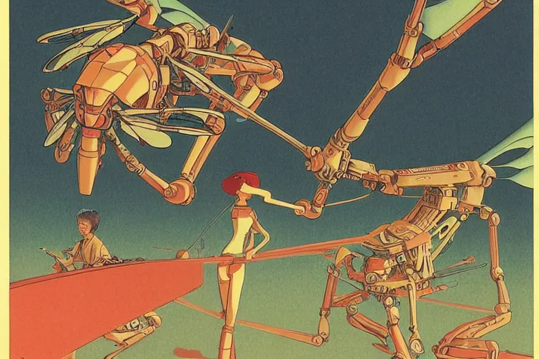 Prompt: gigantic dragonflies with human faces catch tiny robots, a lot of exotic mechas robots around, human heads everywhere, risograph by kawase hasui, edward hopper, satoshi kon and moebius, colorful flat surreal design, super - detailed, a lot of tiny details, fullshot