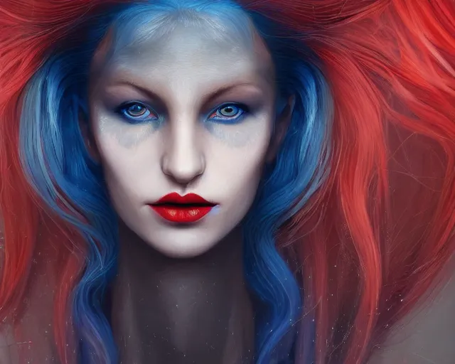 Image similar to A detailed matte oil on canvas head on symmetrical portrait of a distinguished elven woman with red and blue hair on an empty background, by Charlie bowater, Lise Deharme, Wlop, trending on artstationhd, dungeons and dragons art, parted hair , half blue, half red , split dye, critical role