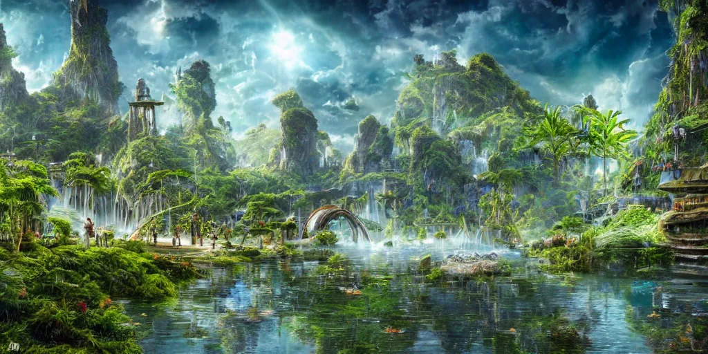 Prompt: balanced masterpiece, fairytale, futuristic city, industrial lake, monolithic temple, interstellar infinity portal, rainforest mountains, lush plants flowers, epic natural light, bright clouds, luminous sky, outer worlds, bright cinematic lighting, edmund evans, michael cheval, michael whelan, airbrush digital nouveau oil painting, vray, 8 k hd