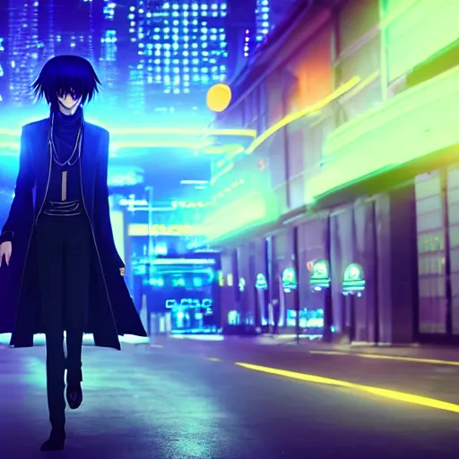 Prompt: Lelouch Lamperouge in a neon city, octane render 8k, atmospheric render, myserious man, professional render, volumetric light, redshift render, eccentric Lelouch vi Britannia, bokeh effect, detailed face