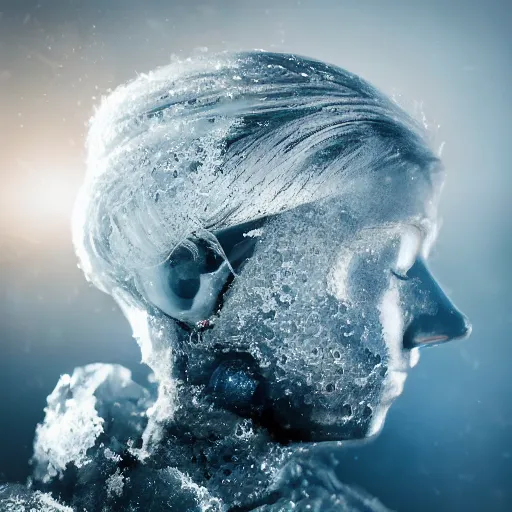 Image similar to futuristic female soldier eyes closed partly submerged in highly viscous clear fluid, frost particles, ice needles, cold blue light, complex hyperdetailed technical suit. white hair flowing. reflection. rays and dispersion of light. volumetric light. 5 0 mm, f / 3 2. noise film photo. ultra realistic, wide angle.