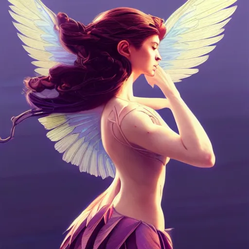 Image similar to 3 / 4 view of a portrait of woman with flowy hair, bird wings, confident pose, pixie, genshin impact,, intricate, elegant, sharp focus, illustration, highly detailed, concept art, matte, trending on artstation, bright colors, art by wlop and artgerm and greg rutkowski, marvel comics h 6 4 0