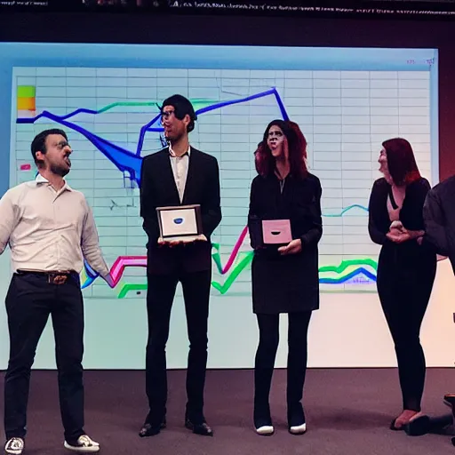 Image similar to An award-winning photograph of a group of data scientists presenting some terrible graphs to the laughing CEO