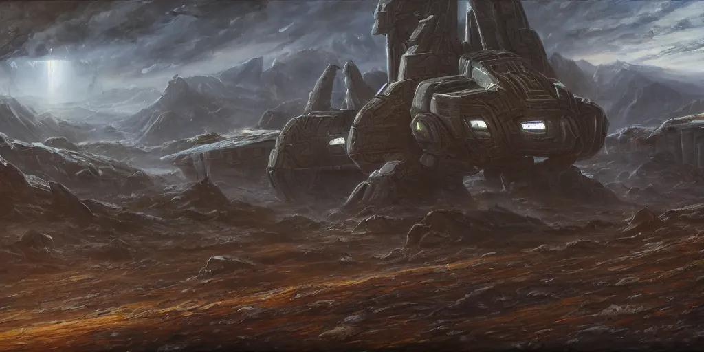 Prompt: an oil painting of the UNSC Pillar of Autumn from Halo