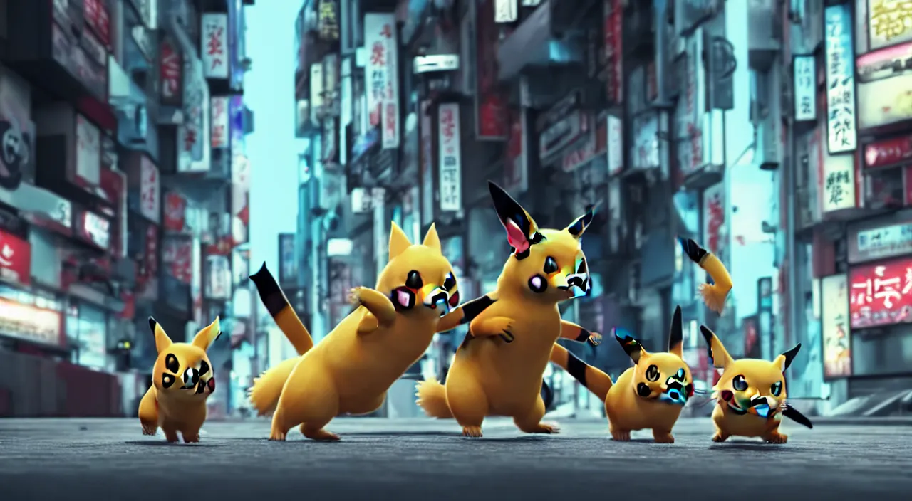 Image similar to hyperrealistic pokemon fighting a cat in the streets of dystopian tokio cinematic lighting 8k wide angle shallow depth of field