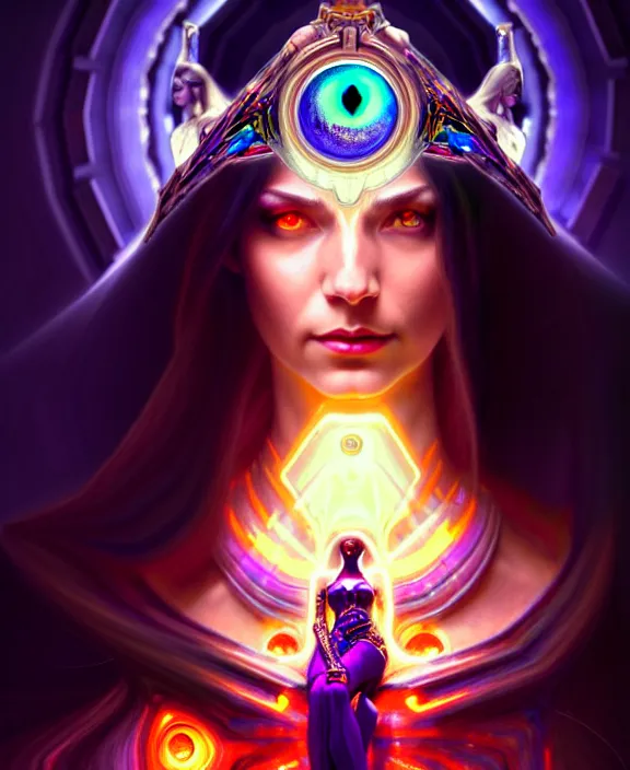 Image similar to a whirlwind of souls rushing inside the metaverse, half body, glowin eyes, tiara with sapphire, pharaoh, android, cyberpunk, d & d, fantasy, intricate, elegant, highly detailed, colorful, vivid color, digital painting, artstation, concept art, art by artgerm and greg rutkowski and alphonse mucha and ruan jia