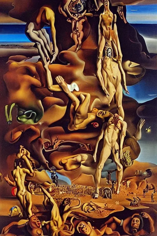 Prompt: world in which humankind has succumbed to the temptations of evil and is reaping eternal damnation. Ultra detailed oil painting by Salvador Dali