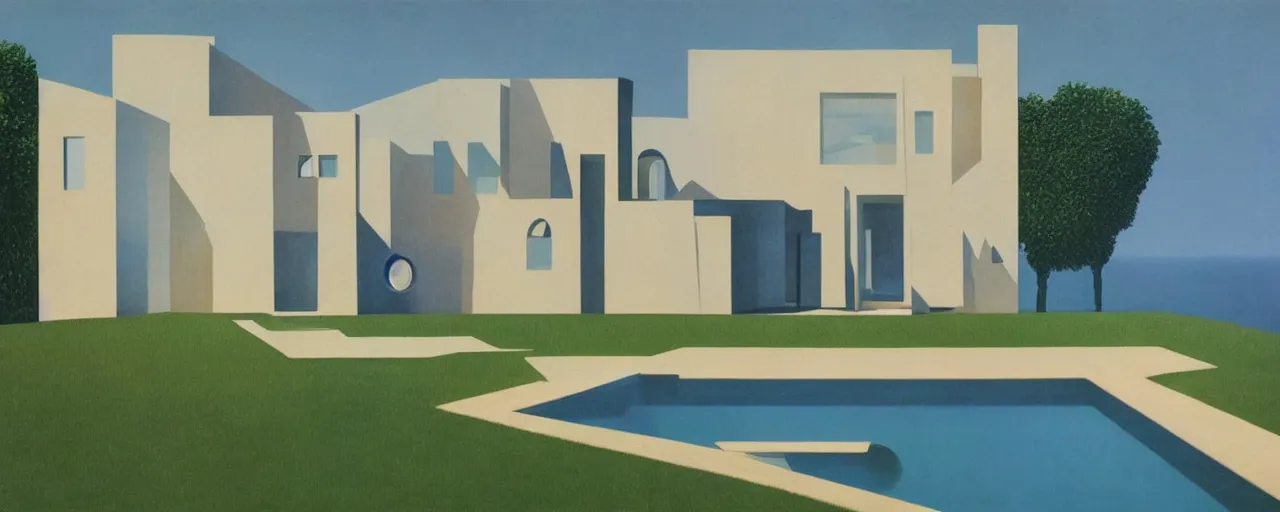 Prompt: contemporary house with pool in the front, full height windows, concept art, surrealist, rene magritte