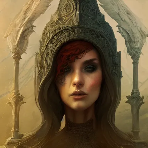 Image similar to A beautiful digital painting of a Grim Reapper, ancient catedral behind her, intricate, cinematic lighting, highly detailed, digital painting, Artstation, concept art, smooth, sharp focus, illustration, art by Tom Bagshaw, Artgerm and Greg Rutkowski