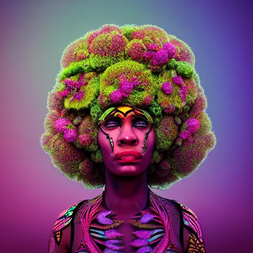 Prompt: a female african marijuanna! shaman with an afro made of flowers, third eye art art by machina infinitum, complexity from simplicity, rendered in octane, mandelbulb 3 d, ambient occlusion, macro photography, felt!!! texture, tribal, neon! retrowave