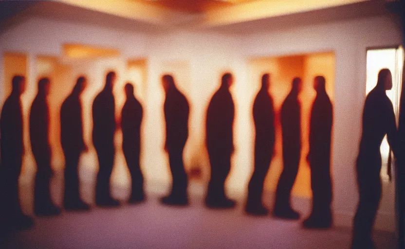 Image similar to Astronauts in the shining by stanley kubrick, shot by 35mm film color photography