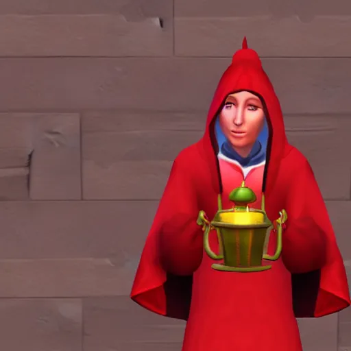 Prompt: a red hooded wizard holding a bell in sims 4 screenshot