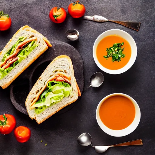 Image similar to food magazine photograph of a sandwich covered in soup. highly detailed 8 k photo. studio lighting.