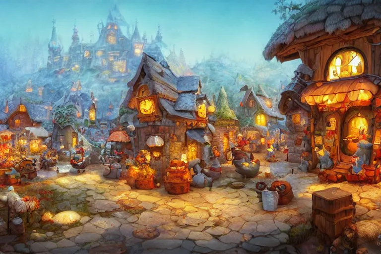 Image similar to mousefolk cozy fantasy village street view by artgerm and Craig Mullins, James Jean, Andrey Ryabovichev, Mark Simonetti and Peter Morbacher 16k